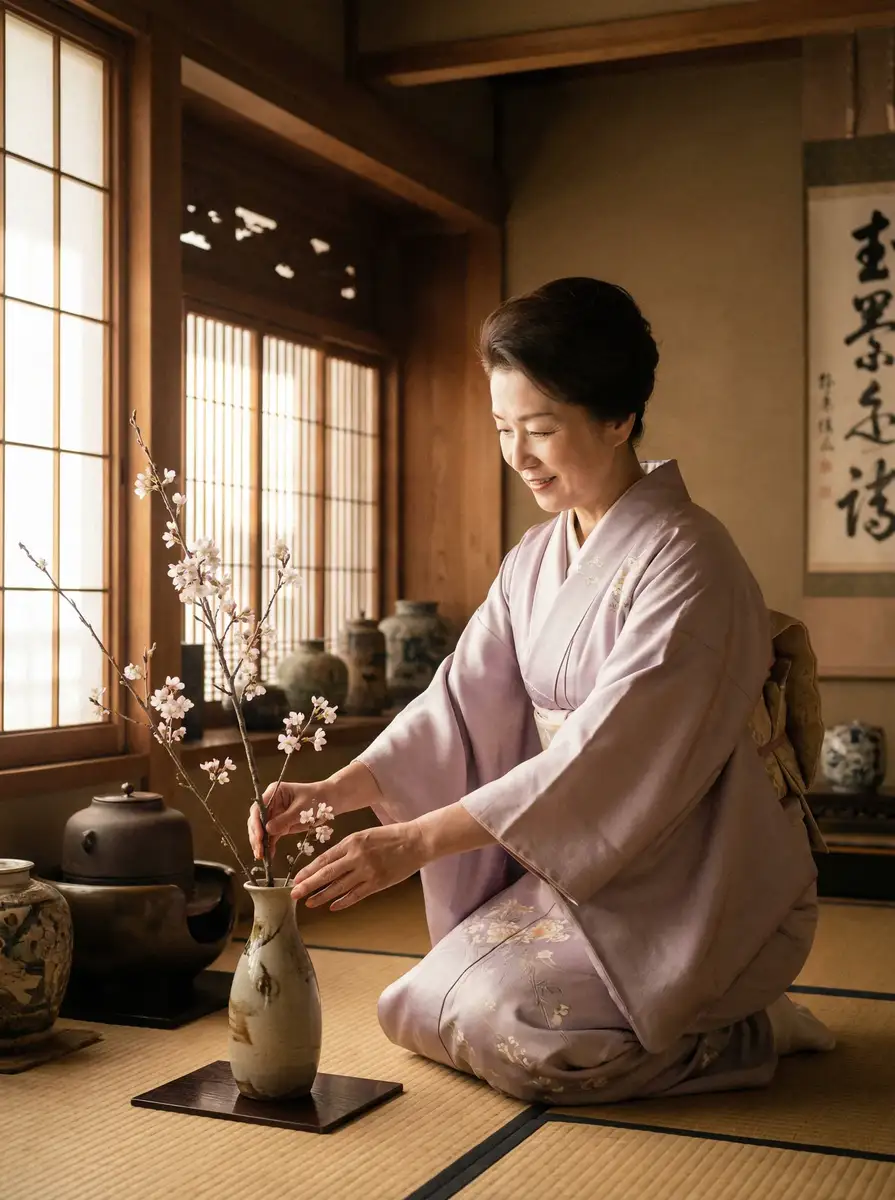 一位优雅的 蜜芽宝贝官网 在和室中插花